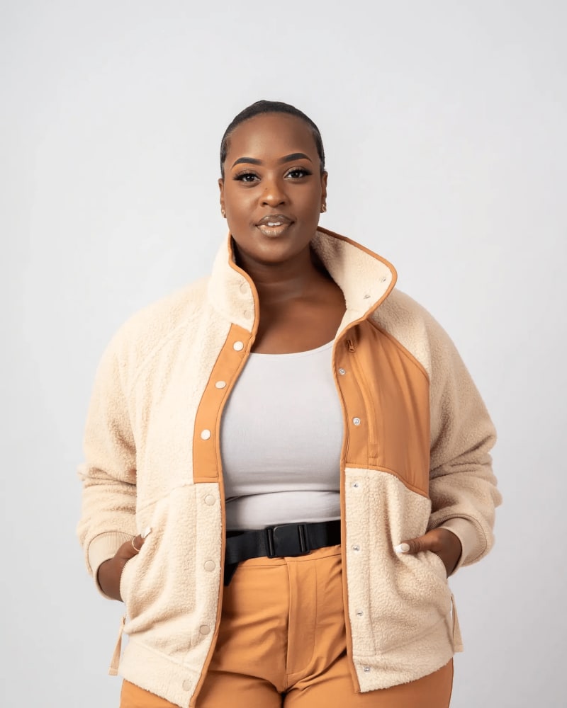 Front of a model wearing a size 3X/4X go far fleece 2.0 in Irish Cream by alder apparel. | dia_product_style_image_id:300611